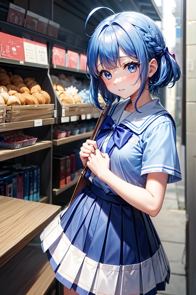 anna_yanami, skirt, blue eyes, blue hair, bow, shirt, ahoge, short sleeves, school uniform、パンティ、スカートをはいていない