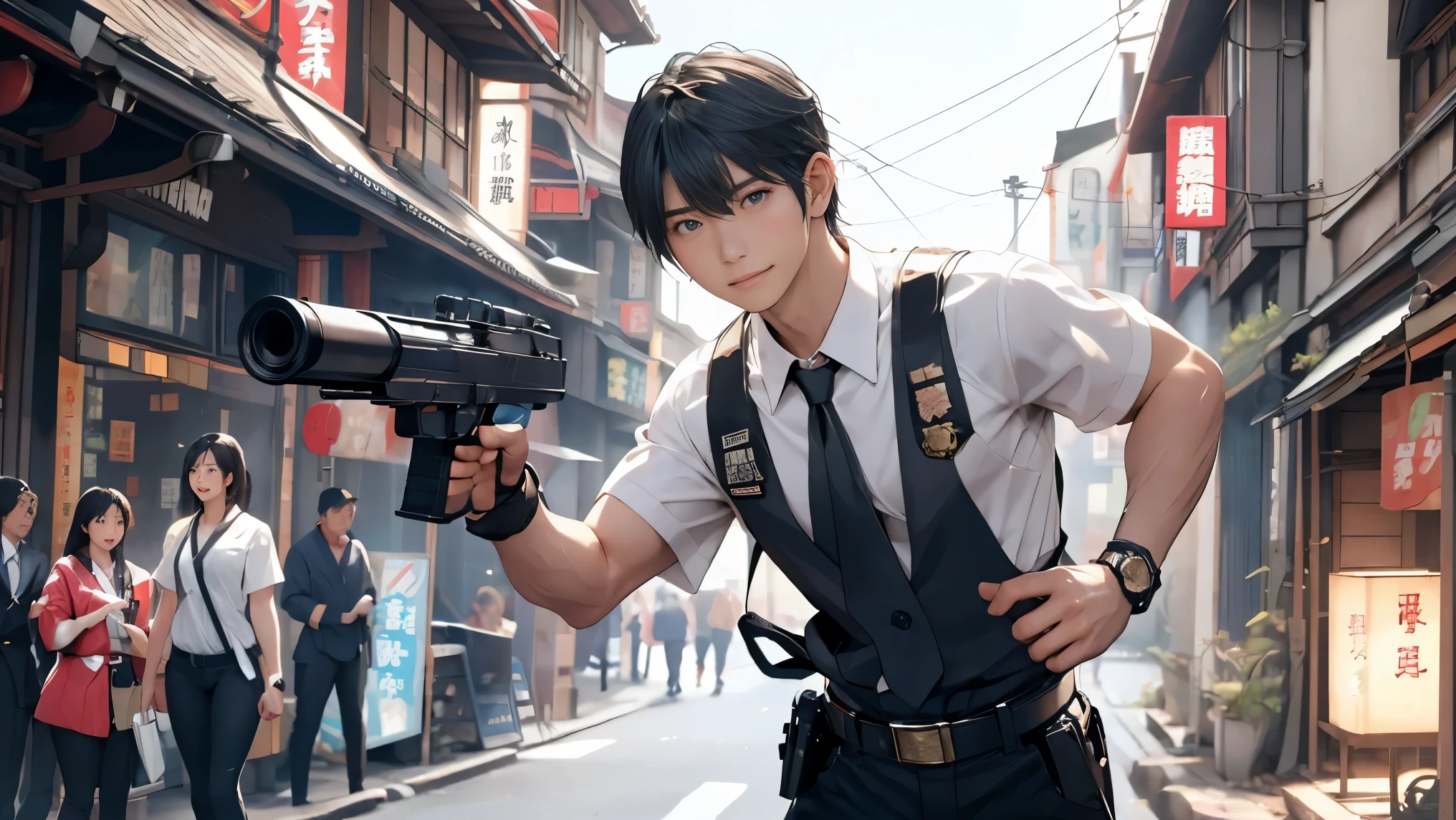 high resolution、High definition、High sensitivity、8k.Japanese、、1、cute、Idol face、Two Side Up Hair、slender、Mid-chest、(black and white high leg bodysuit:1.2)、See-through、Harness Belt、Gun Holder、（POLICE armband:1.3)、Vibrant、（Hold a gun、Firing：1.3）、bustling street、