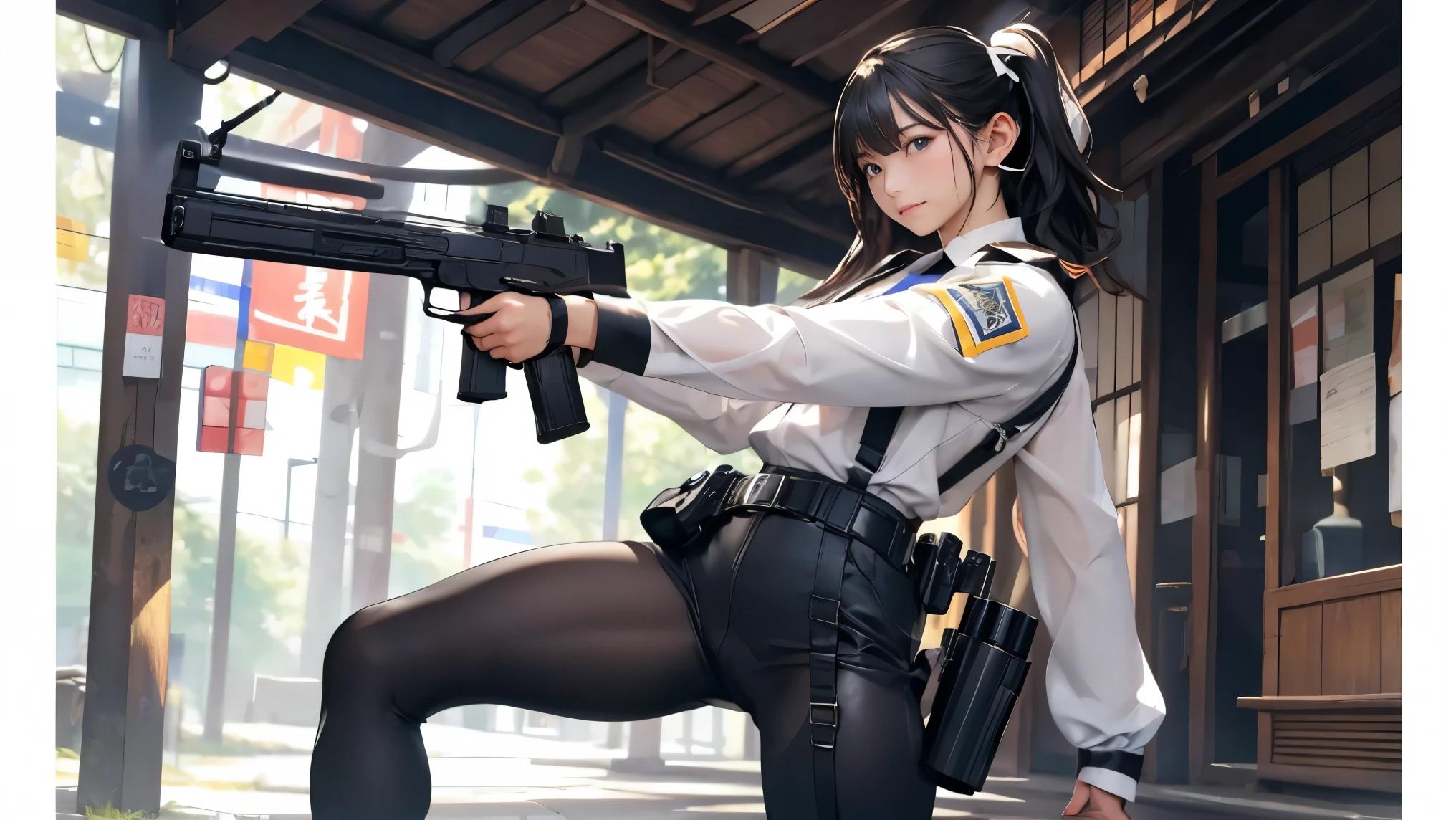 high resolution、High definition、High sensitivity、8k.Japanese、、1、cute、Idol face、Two Side Up Hair、slender、Mid-chest、(black and white high leg bodysuit:1.2)、See-through、Harness Belt、Gun Holder、（POLICE armband:1.3)、Vibrant、（Hold a gun、Firing：1.3）、bustling street、