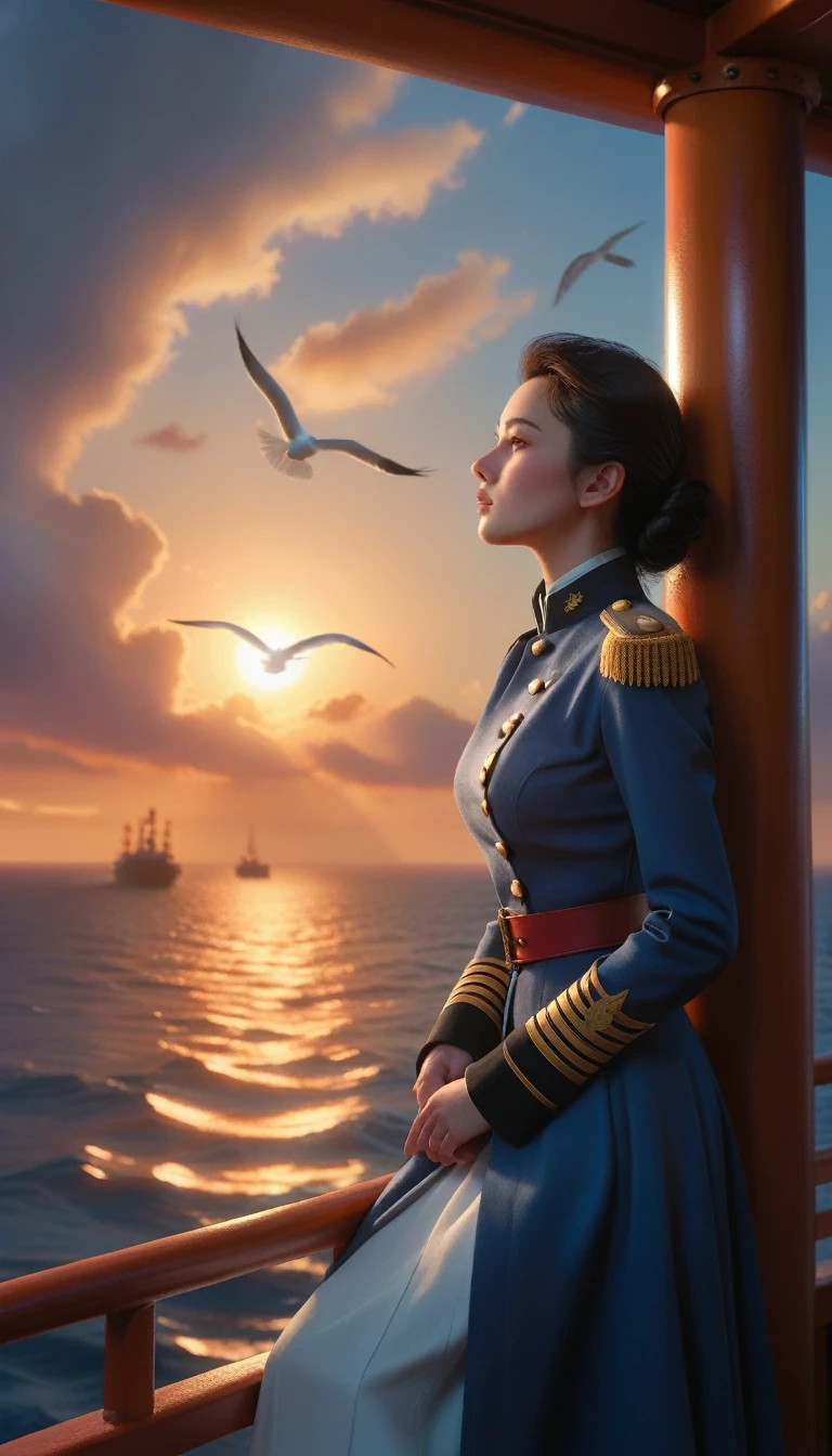 [Vision:1.0]，[Wide Angle:1.0]，(poster design:1.9)，Depicts a moment when a fantasy female captain leans on the railing of the ship，Facing the sea at sunset，Thoughtful expression，(Looking at the audience:1.5)，Vibrant sunset sky reflected on calm sea surface，Seagulls in the distance。The soft and warm lighting highlights her thoughtful gaze，Embodying emotions，Calm ocean scene，Detailed character study，Ambient sunset colors，Peaceful atmosphere，Tree Techniques，High-definition quality，Natural appearance，Emphasis on the elegance and sophistication of the female captain，dream，Beautiful celestial spirit，Beautiful fantasy paintings，Beautiful fantasy art，Ethereal fantasy，Very beautiful fantasy art，Digital Art Fantasy，Enchanting and otherworldly，Fantastical beauty，Octane uhd 8K渲染的精美艺术，Volumetric Light，Natural soft light，(Ultra-fine:1.2，Out of Focus:1.2，Bright colors，Movie Lighting，Chiaroscuro，Ray Tracing，Surrealism，uhd，masterpiece，precise，Anatomically correct，Textured Skin，Super Detail，8k)