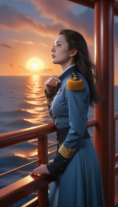 [vision:1.0]，[wide angle:1.0]，(poster design:1.9)，depicts a moment when a fantasy female captain leans on the railing of the shi...