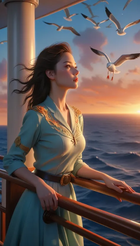 [vision:1.0]，[wide angle:1.0]，(poster design:1.9)，depicts a moment when a fantasy female captain leans on the railing of the shi...