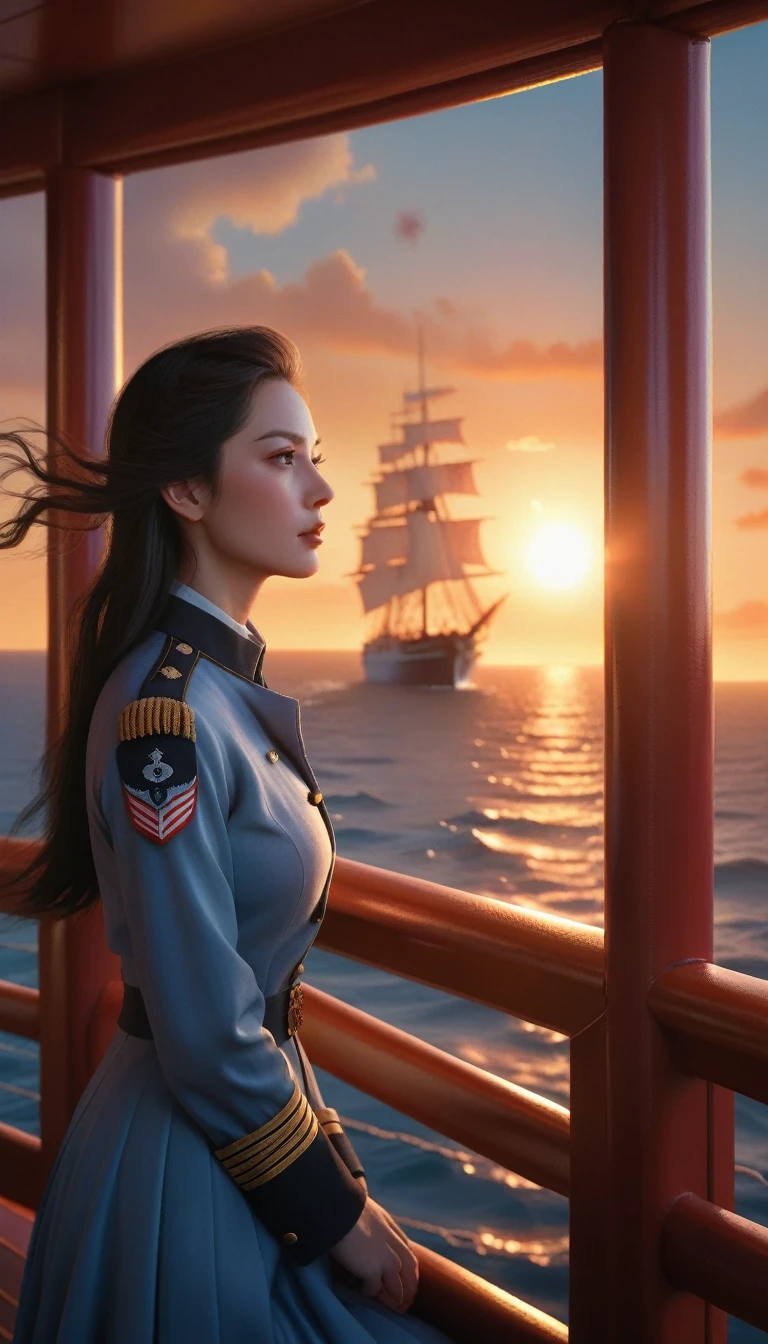 [Vision:1.0]，[Wide Angle:1.0]，(poster design:1.9)，Depicts a moment when a fantasy female captain leans on the railing of the ship，Facing the sea at sunset，Thoughtful expression，(Looking at the audience:1.5)，Vibrant sunset sky reflected on calm sea surface，Seagulls in the distance。The soft and warm lighting highlights her thoughtful gaze，Embodying emotions，Calm ocean scene，Detailed character study，Ambient sunset colors，Peaceful atmosphere，Tree Techniques，High-definition quality，Natural appearance，Emphasis on the elegance and sophistication of the female captain，dream，Beautiful celestial spirit，Beautiful fantasy paintings，Beautiful fantasy art，Ethereal fantasy，Very beautiful fantasy art，Digital Art Fantasy，Enchanting and otherworldly，Fantastical beauty，Octane uhd 8K渲染的精美艺术，Volumetric Light，Natural soft light，(Ultra-fine:1.2，Out of Focus:1.2，Bright colors，Movie Lighting，Chiaroscuro，Ray Tracing，Surrealism，uhd，masterpiece，precise，Anatomically correct，Textured Skin，Super Detail，8k)