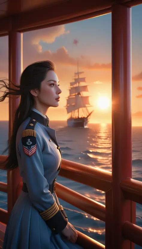 [vision:1.0]，[wide angle:1.0]，(poster design:1.9)，depicts a moment when a fantasy female captain leans on the railing of the shi...