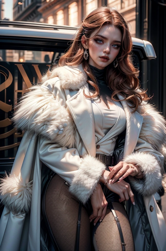 a beautiful young woman with long red hair, lora_Emma, wearing a tight black latex two piece suit, waist belt, a white fur coat, and sunglasses, standing outside,(best quality,4k,8k,highres,masterpiece:1.2),ultra-detailed,(realistic,photorealistic,photo-realistic:1.37),detailed face, detailed eyes, detailed lips, long eyelashes, beauty, fashion, portrait, glamorous, elegant, studio lighting, dramatic lighting, high contrast, vivid colors, cinematic,xuer white fur coat, coat on shoulders