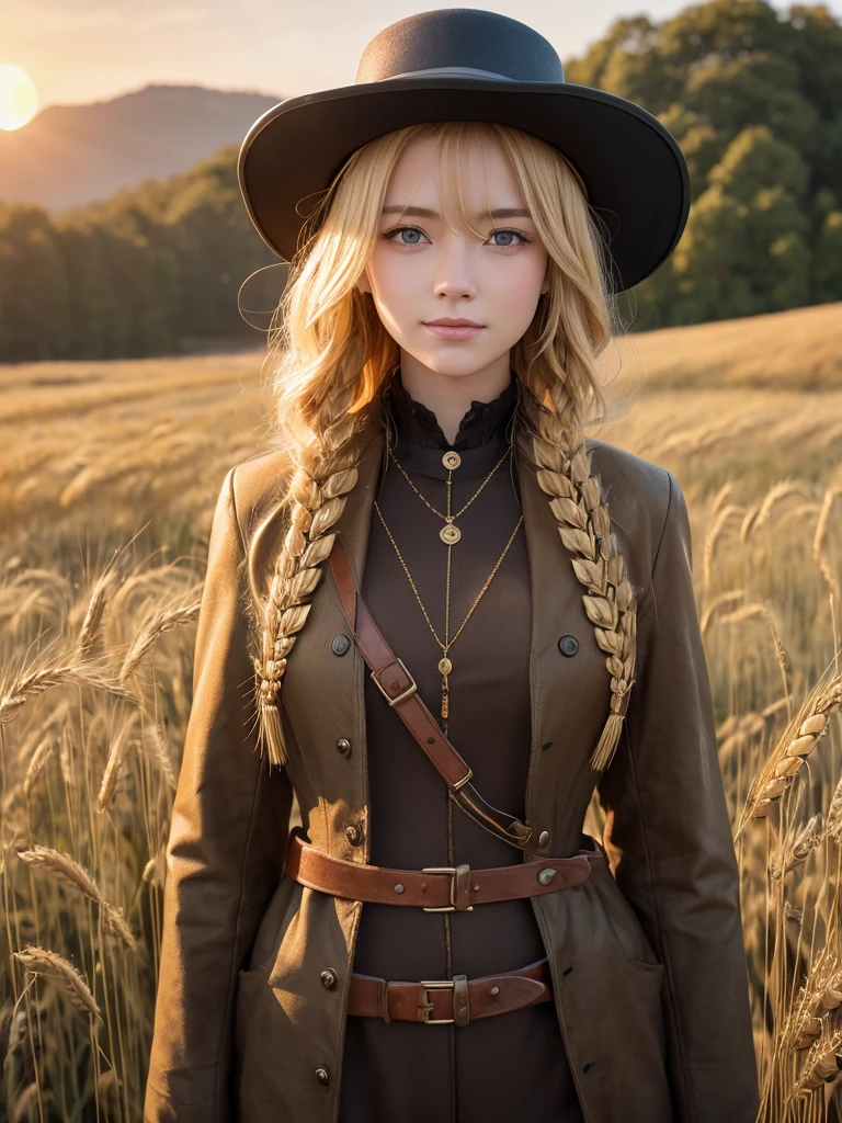 __Cinematic Light__, 1 Girl, 1 female, masterpiece, Perfect Face,steampunk, steampunkのロングスカート,Golden Hair，Steam powered machinery , gear , goggles, Realistic, Realistic characters,gearの刺繡が入ってるロングスカート、

((The background is a wheat and barley field)),The background is a wheat and barley field with a sunset、(masterpiece, Highest quality:1.4), whole body, (Are standing:1.2), Watching the audience, smile, 1, (Medium bob hair),Carl Zeiss 85mmF/1.4、Bokeh ball, Beautiful breasts , (European youth:1),Wearing a hat、

Golden Hair，Blue colored eyes，very cute, (Perfect Eyes:1.1),Beautiful woman, Realistic, Realistic characters、She&#39;s wearing a cute navy blue garter belt.、The garter belt is cute、Showing panties、Panties are bright green with embroidery、lifting up the skirt to show it off、Showing panties、I can see your chest、A crimson bra is visible on the chest、cute chest bra、 Lifting her skirt to show it off,Show the skirt,Show your underwear、 Wearing cute panties、Elegant garter belt、Wearing elegant pantyhose,pantsを見せる、pants、pants、Showing panties