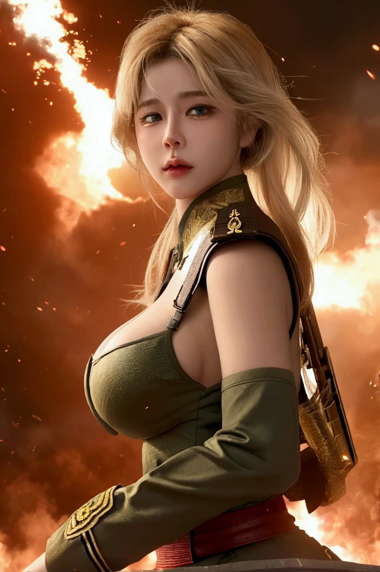 A busty female general leading an army to attack enemies, detailed face and body, beautiful eyes and lips, extremely detailed, photorealistic, 8k, hyperrealistic, digital art, dramatic lighting, muted colors, military uniform, large breasts, confident expression, dynamic pose, epic battle scene, highly detailed environment, smoke and explosions, depth of field, cinematic framing