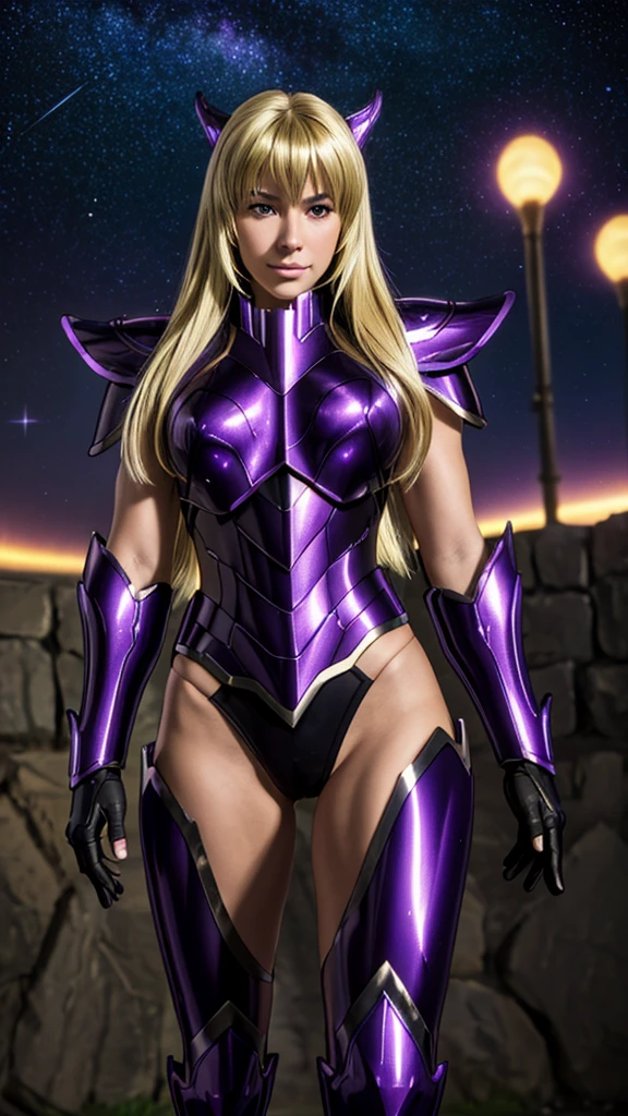 hyper realistic ultra detailed photograph of a handsome man photorealistic Phantasos at , (tmasterpiece), full body photo, (best quality), (1 handsome man), starry sky background, Wearing shiny purple black armor, black purple armor type armor shows details of your muscles, showing the belt, showing the armor thigh protector, cool pose, Saint Seiya Armor, messy blonde hair, high detail, Anime style, Cinematic lighting, Glitter, god light, Ray traching, filmgrain, hyper HD, skin texture, super detail, Anatomically correct, High resolution, Saturation ultra-high, High contrast, High-shiny green armor, Smooth skin, Serious expression. realistic. 8k