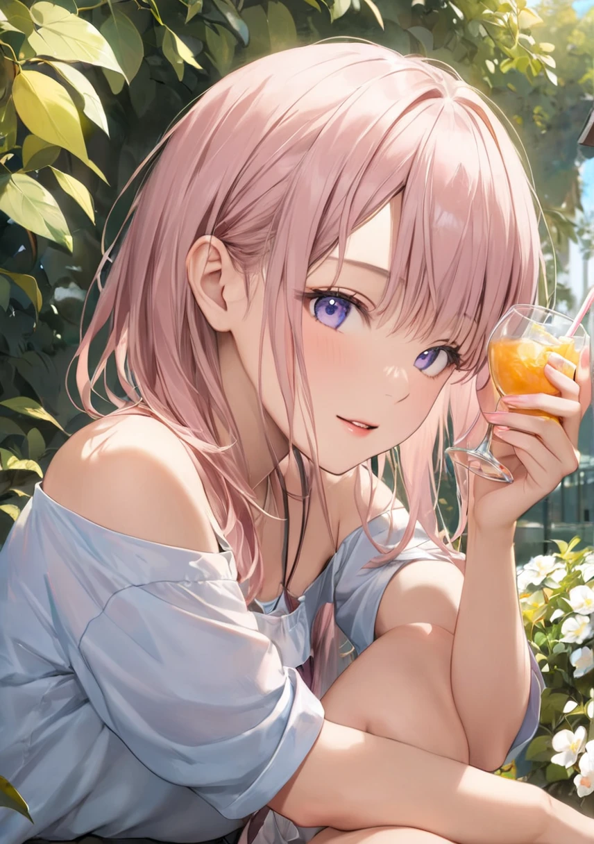 Long blonde hair,、(Deep blue eyes:1.3),, Earrings, necklace,Beautiful Clouds, Twilight Sky,garden((naked))　(NSFW)　((Infant))　(())　((Drinking tea outdoors on a white table))((Small breasts))((Small breasts))whole body