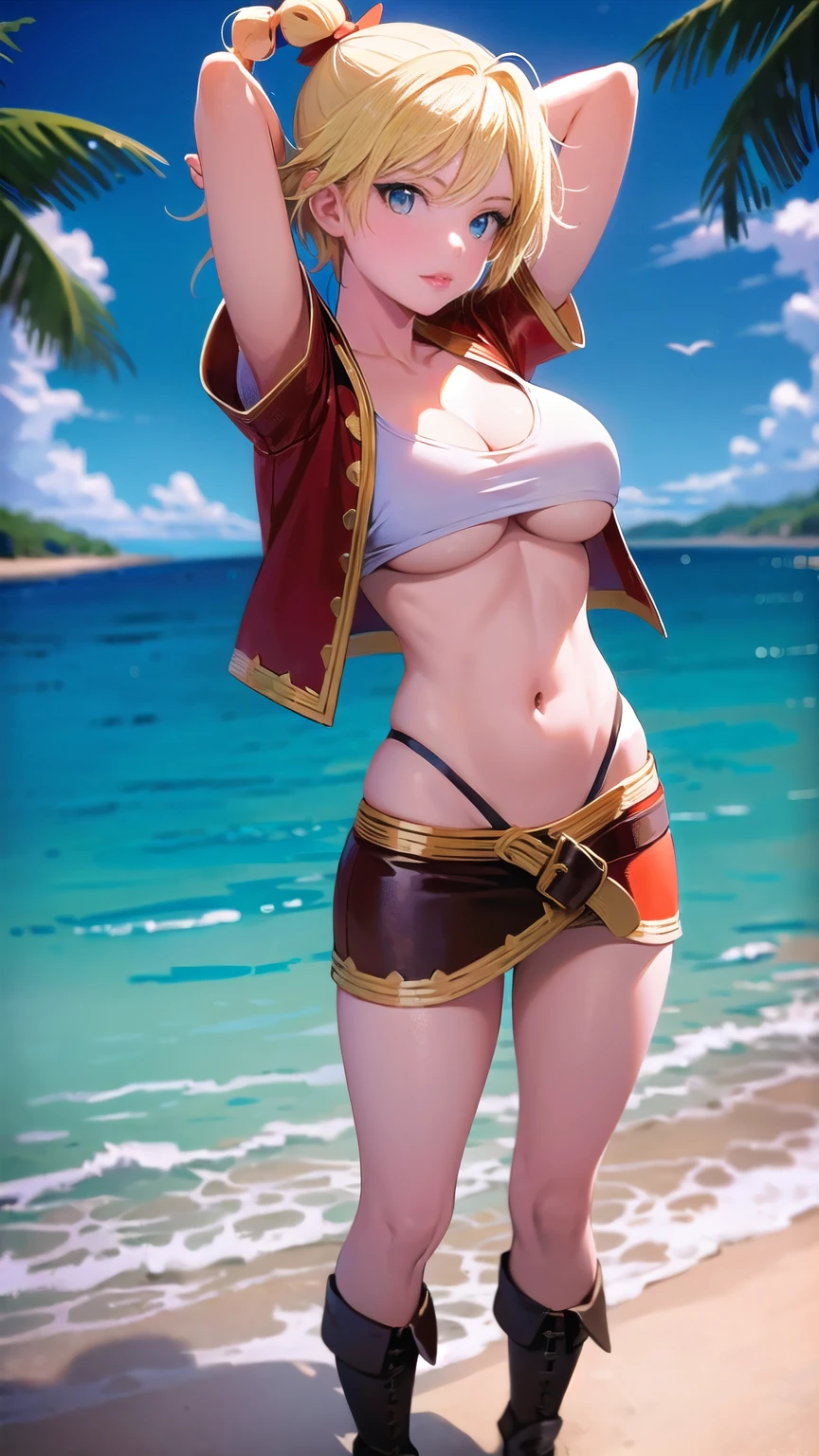 1 girl, kid from chrono cross, yellow hair in a high braided ponytail, standing on white sandy beach, arms behind head, fitted jacket 3/4 cropped, white top under jacket, tight fitting micro skirt, loose leather boots, ankle wraps, detailed face, detailed eyes, detailed lips, highly detailed, 8k, hyperrealistic, cinematic lighting, vivid colors, dramatic shadows, volumetric fog, masterpiece, award winning art, wide angle, (full length portrait), strong_negative, micrsk3rt, bikini underboob, navel, no bra 