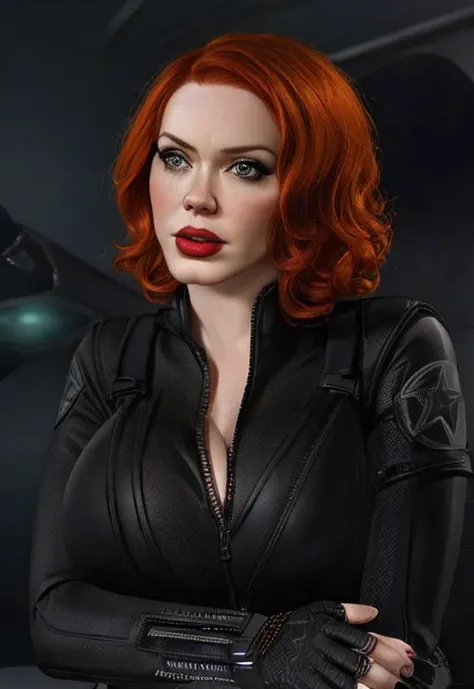 christina hendricks as the character natasha romanoff/black widow from the marvel cinematic universe, about 4, pale skin, short ...