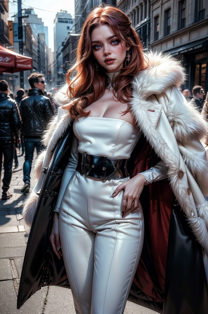 a beautiful young woman with long red hair, lora_Emma, wearing a tight black latex two piece suit, waist belt, a white fur coat, and sunglasses, standing outside,(best quality,4k,8k,highres,masterpiece:1.2),ultra-detailed,(realistic,photorealistic,photo-realistic:1.37),detailed face, detailed eyes, detailed lips, long eyelashes, beauty, fashion, portrait, glamorous, elegant, studio lighting, dramatic lighting, high contrast, vivid colors, cinematic,xuer white fur coat, coat on shoulders