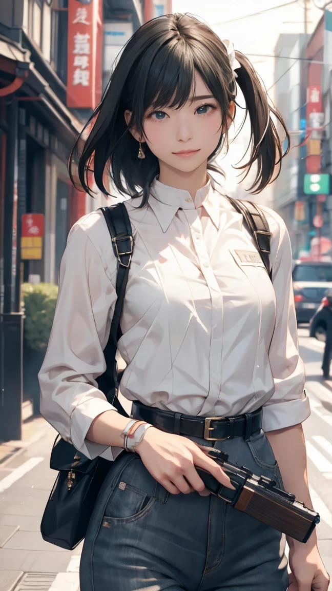 high resolution、High definition、High sensitivity、8k.Japanese、、1、cute、Idol face、Two Side Up Hair、slender、Mid-chest、(black and white high leg bodysuit:1.2)、See-through、Harness Belt、Gun Holder、（POLICE armband:1.3)、Vibrant、（Hold a gun、Firing：1.3）、bustling street、