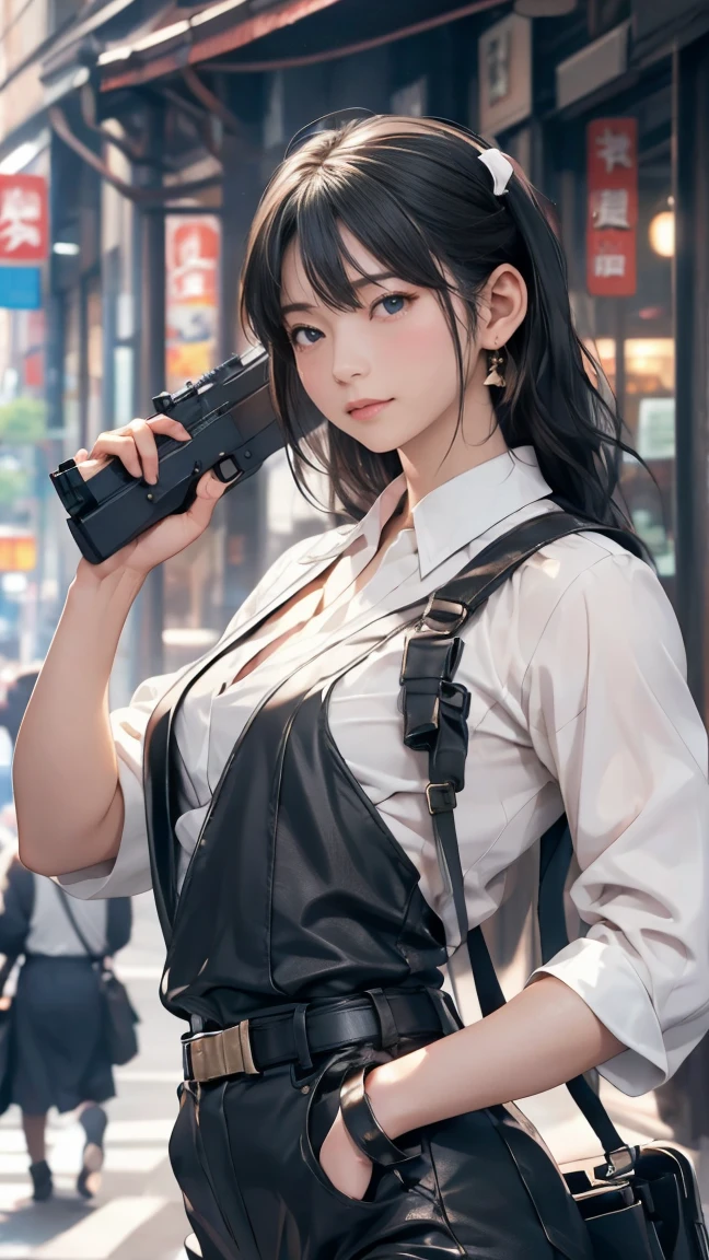 high resolution、High definition、High sensitivity、8k.Japanese、、1、cute、Idol face、Two Side Up Hair、slender、Mid-chest、(black and white high leg bodysuit:1.2)、See-through、Harness Belt、Gun Holder、（POLICE armband:1.3)、Vibrant、（Hold a gun、Firing：1.3）、bustling street、