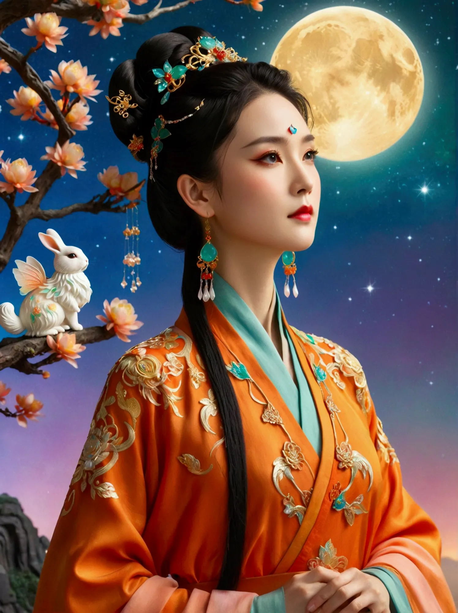 three-dimensional ancient style，vibrant chinese aesthetics，elegant ancient chinese fairy，chang&#39;e，mooncake in hand，moon rabbi...