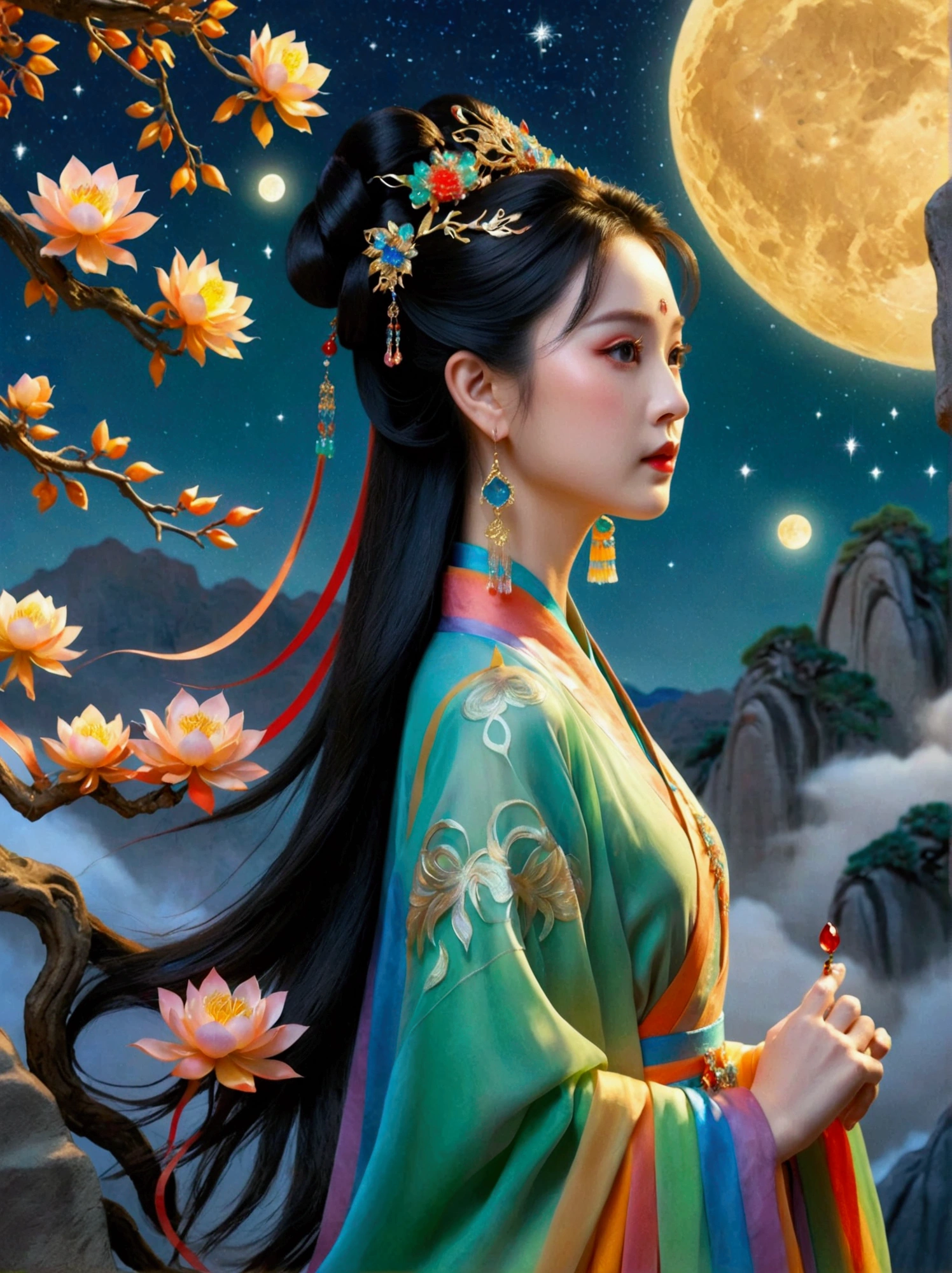 Three-dimensional ancient style，Vibrant Chinese Aesthetics，Elegant ancient Chinese fairy，Chang&#39;e，Mooncake in hand，Moon Rabbit，Starry Sky，osmanthus tree，A woman in a gorgeous rainbow Hanfu dress stands on a cliff and looks up at the starry sky，Beautiful facial features，(whole body:1.4)，Vibrant colors，Sparkling clothing，Embraces Flashing Stone Texture，Crystal shoes，iridescent gradient fluorescent ribbons，Exquisite，Light Wave，Tradition，Exquisite，Perfect composition，Ultra HD，Crescent earrings，Raise your eyebrows，Jade Phoenix Branch，Forehead Gem