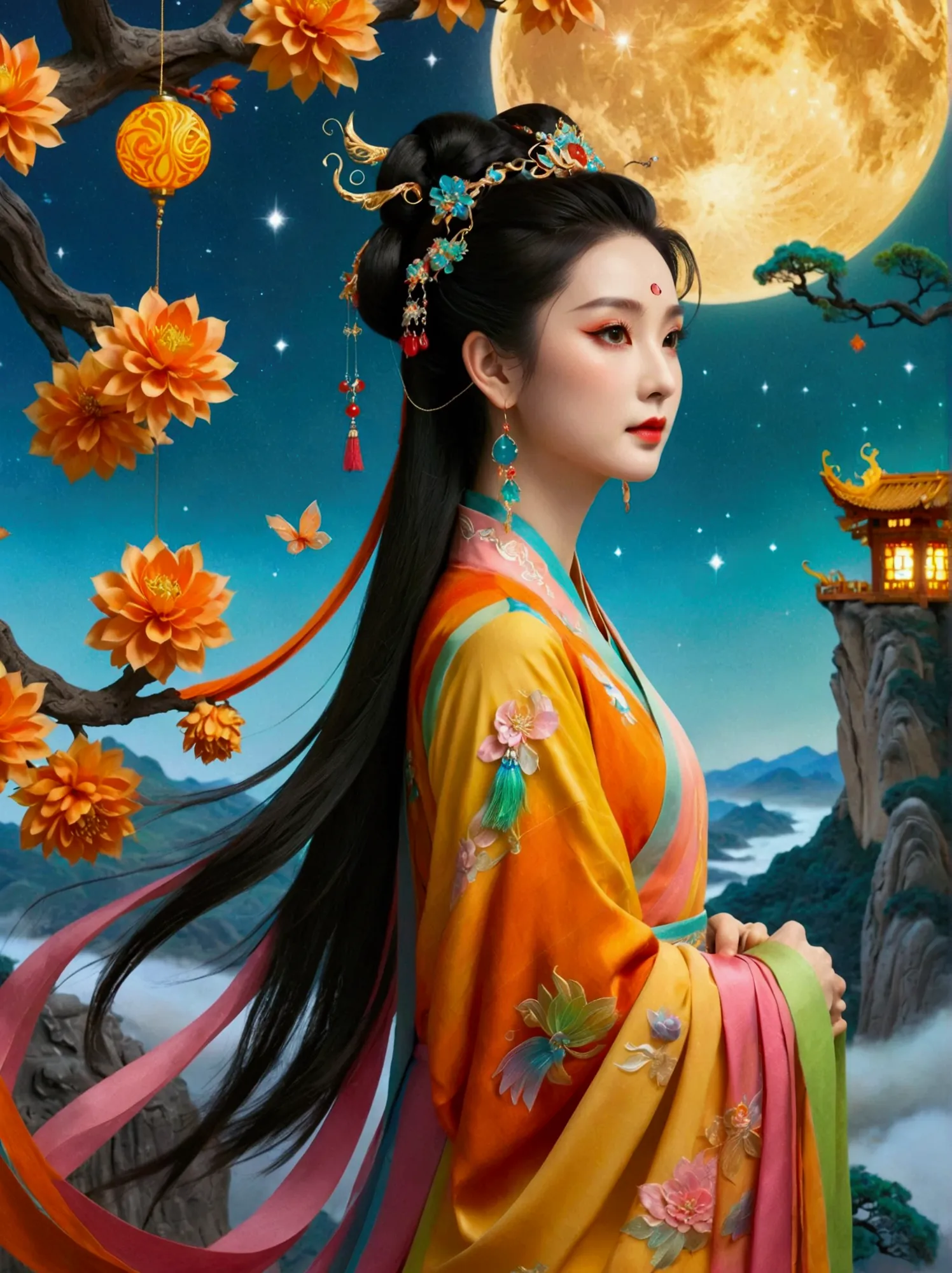 three-dimensional ancient style，vibrant chinese aesthetics，elegant ancient chinese fairy，chang&#39;e，mooncake in hand，moon rabbi...