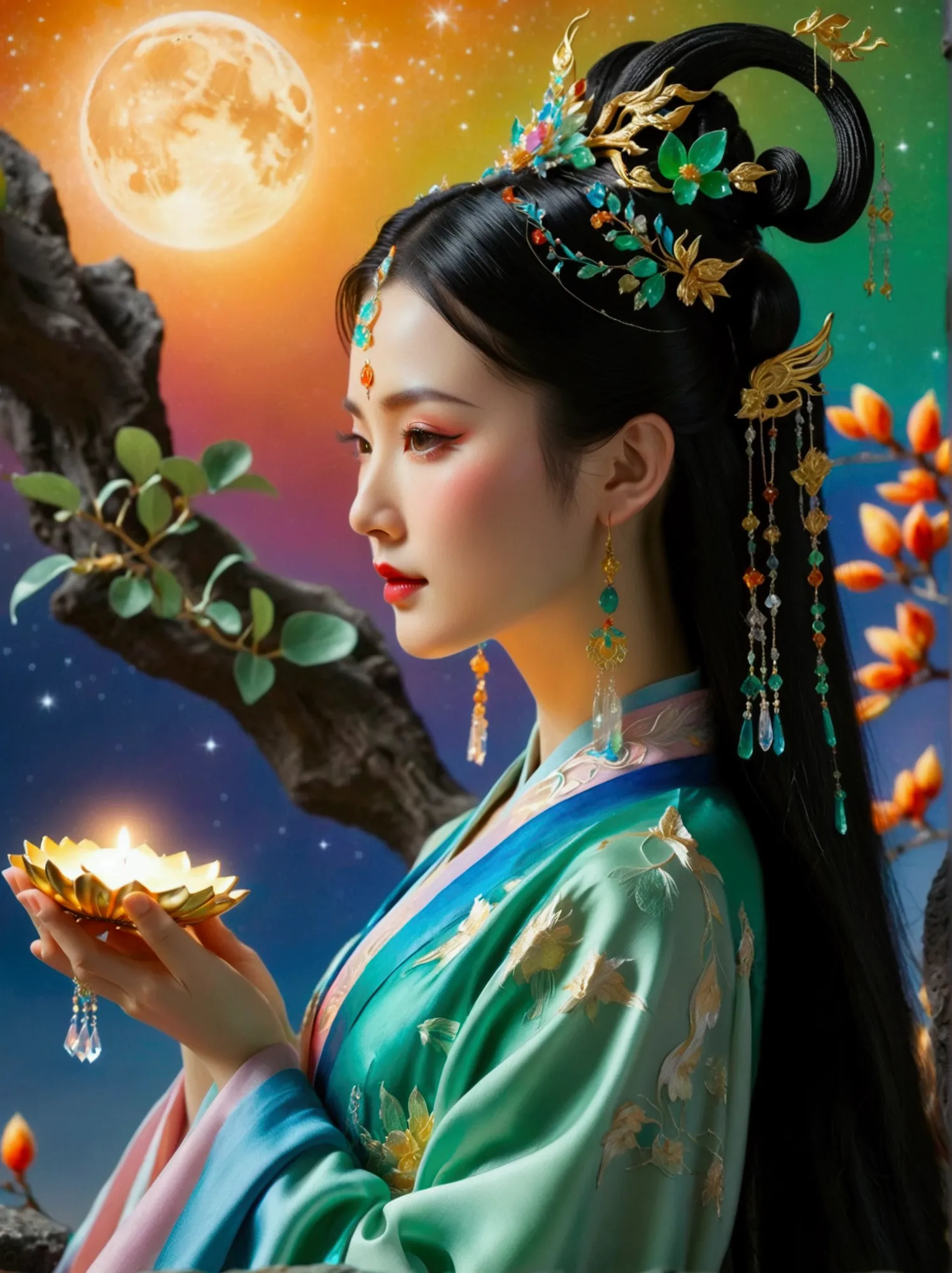 three-dimensional ancient style, vivid chinese aesthetics, elegant ancient chinese fairy, chang'e holding a mooncake, moon rabbi...