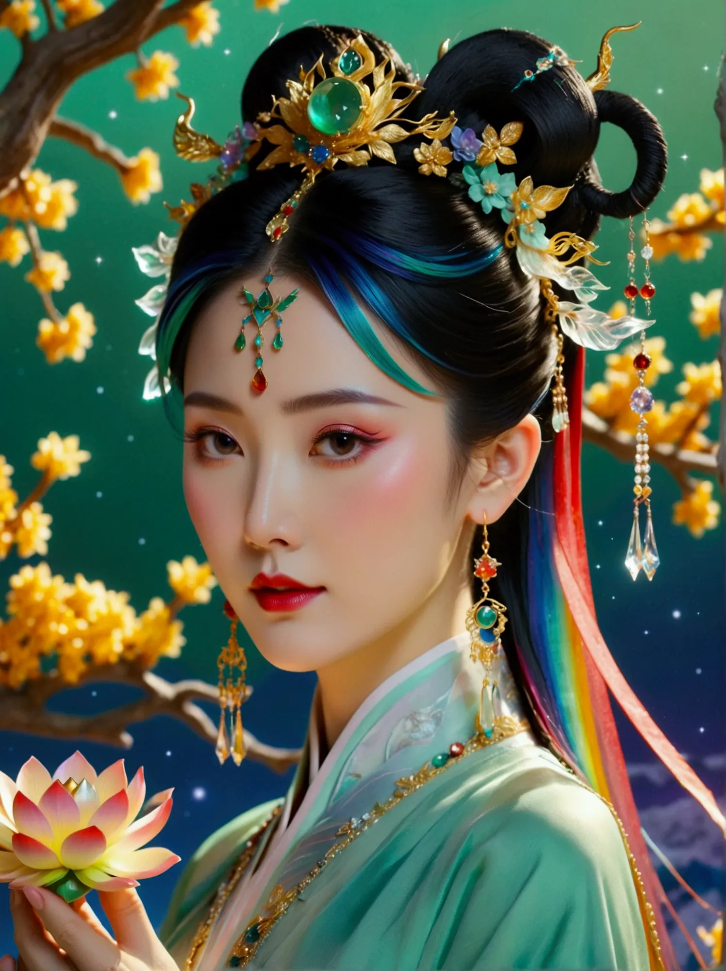 three-dimensional ancient style, vivid chinese aesthetics, elegant ancient chinese fairy, chang'e holding a mooncake, moon rabbi...