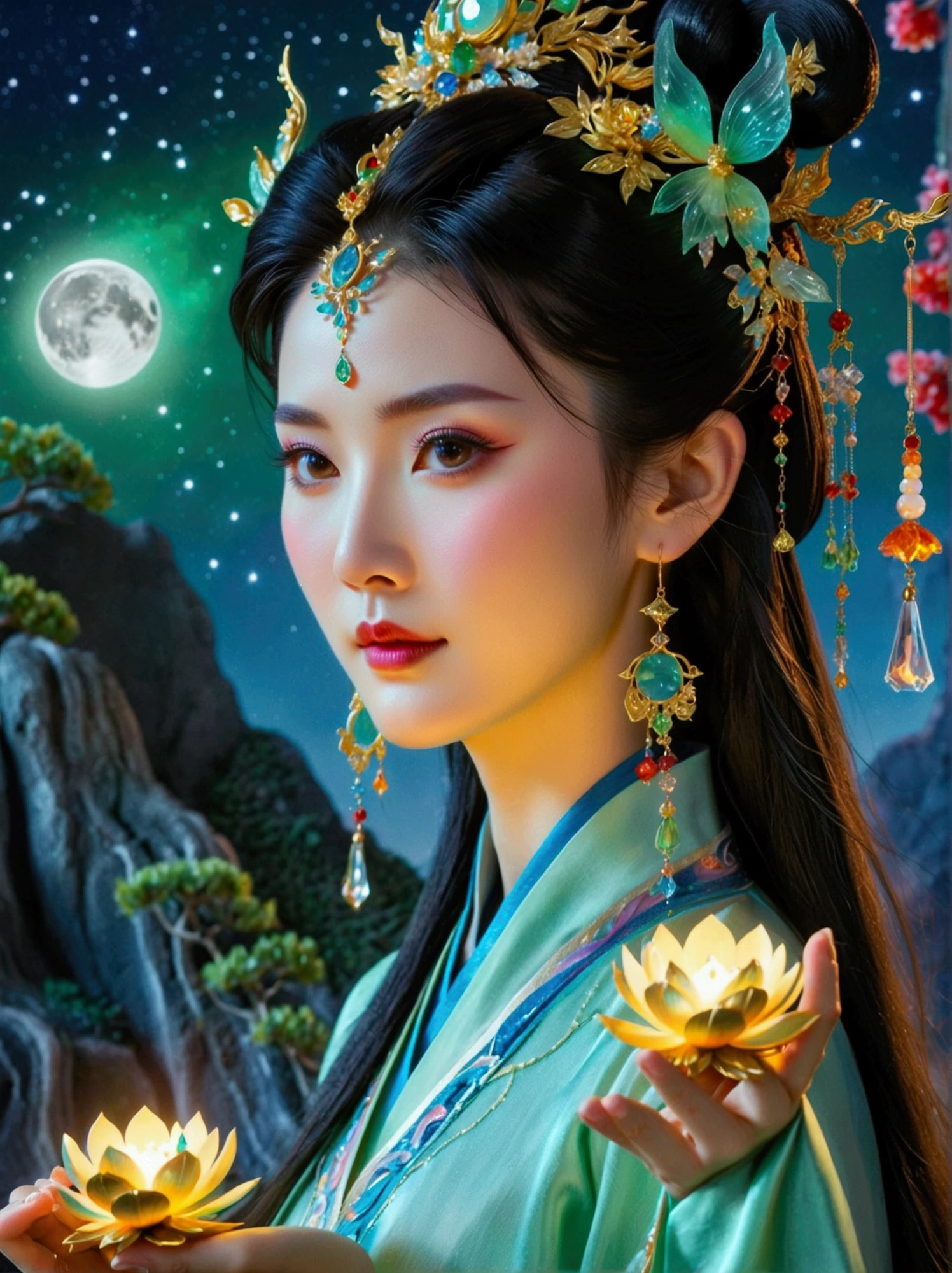 Three-dimensional ancient style, vivid Chinese aesthetics, elegant ancient Chinese fairy, Chang'e holding a mooncake, moon rabbit, starry sky, osmanthus tree, woman in luxurious seven-color rainbow Hanfu on a cliff gazing at the stars, stunning facial features, (full body:1.4), vibrant colors, sparkling attire with glittering stone patterns, shoes of semi-transparent crystal, seven-color gradient fluorescent ribbons, exquisite, light wave, traditional, delicate, perfect composition, ultra HD, crescent earrings, raised eyebrows, phoenix ornament, forehead gemstone, National style, Acrylic, Immortal aura, Mint green tones, Normal perspective, Trend on Artstation