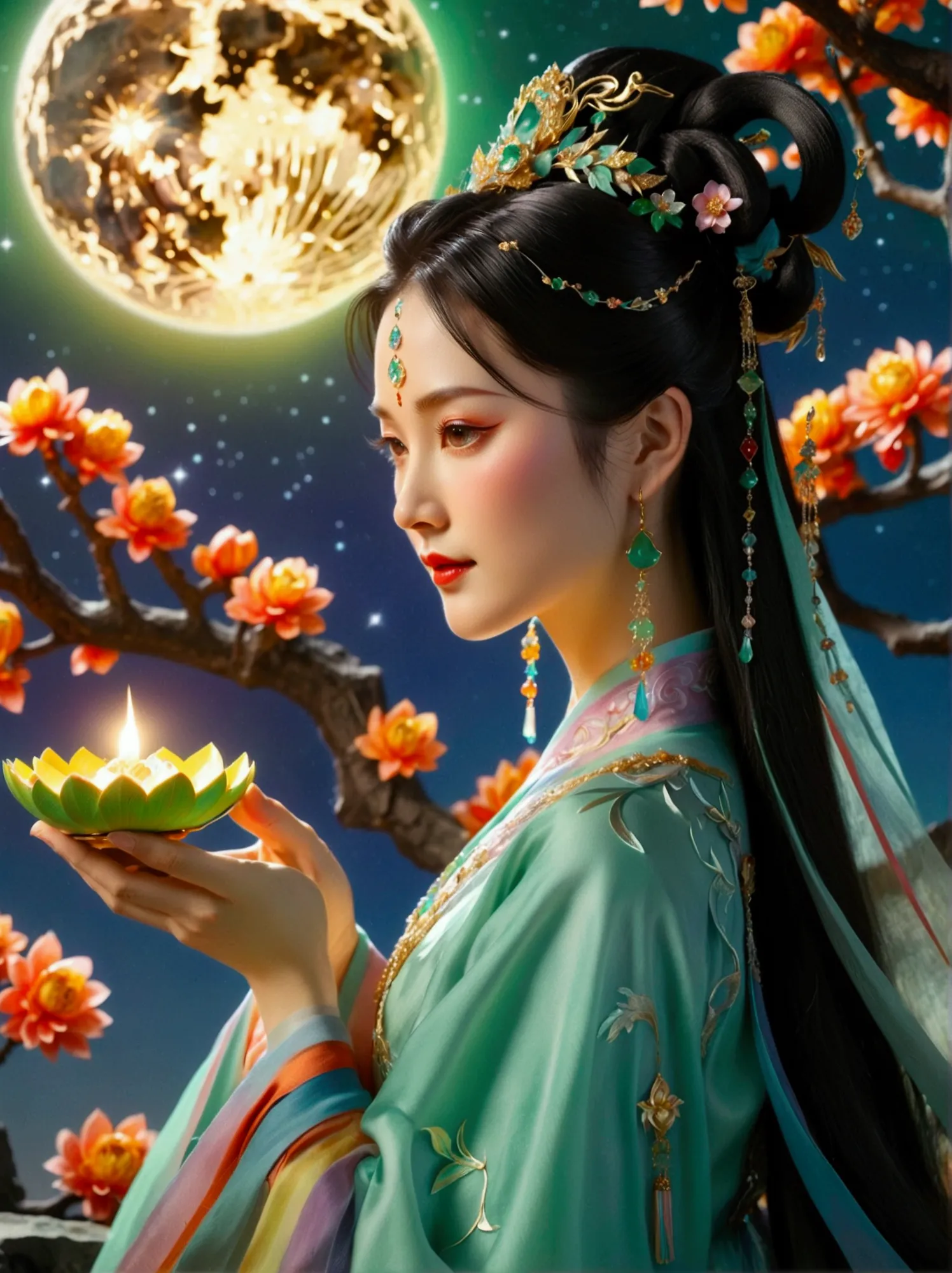 three-dimensional ancient style, vivid chinese aesthetics, elegant ancient chinese fairy, chang'e holding a mooncake, moon rabbi...