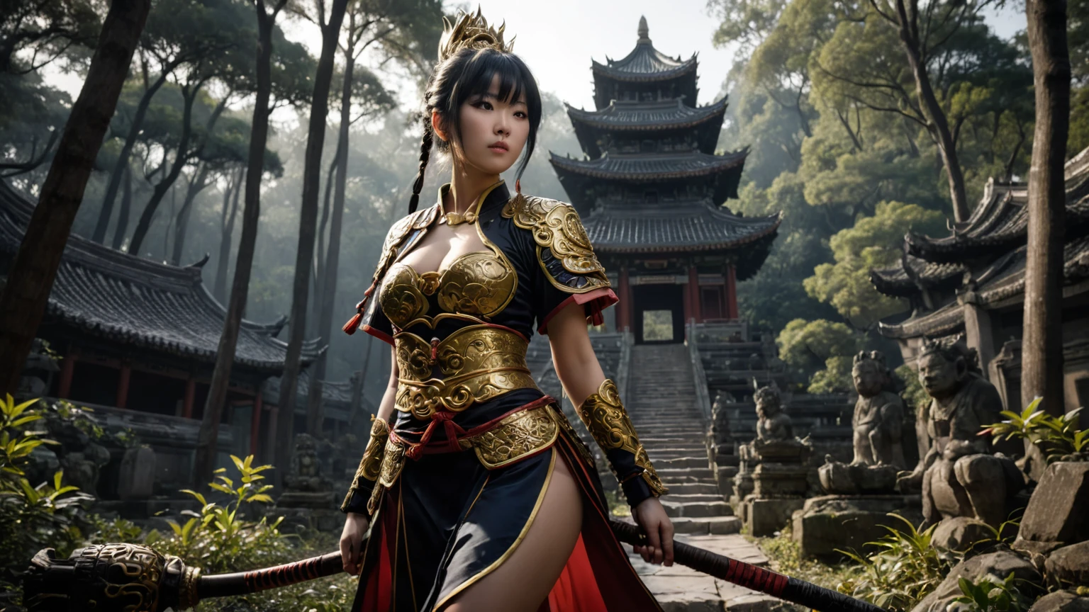 An ancient Chinese temple ruin in a forest, inspired by the game Black Myth Wu Kong, (low angle view), at dark night. (1girl, solo, alone), female Sun Wu Kong cosplayer, medium-breast slim:0.6 body, oval:0.4 face, cleavage:1.1, WU KONG's costume and outfits, GOLDEN CUDGEL, HOLDING WEAPON, (slightly leaning forward running pose), half-body thigh level medium shot, cinematic lighting, ray tracing.