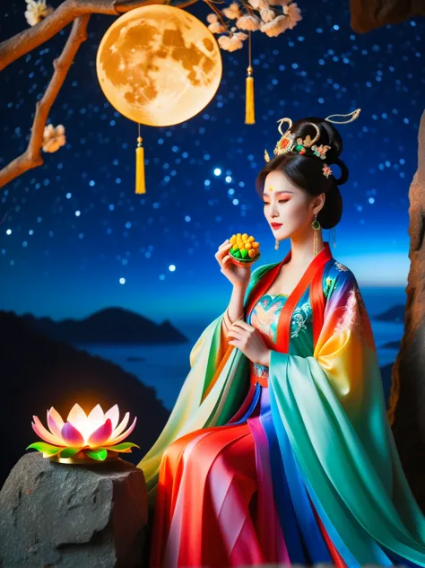 three-dimensional ancient style, vivid chinese aesthetics, elegant ancient chinese fairy, chang'e holding a mooncake, moon rabbi...