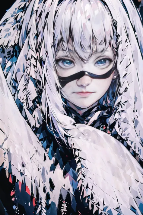 (highest quality)), ((masterpiece)), (detailed), she is wearing a mask that covers her entire face,hair is white hair,her true f...