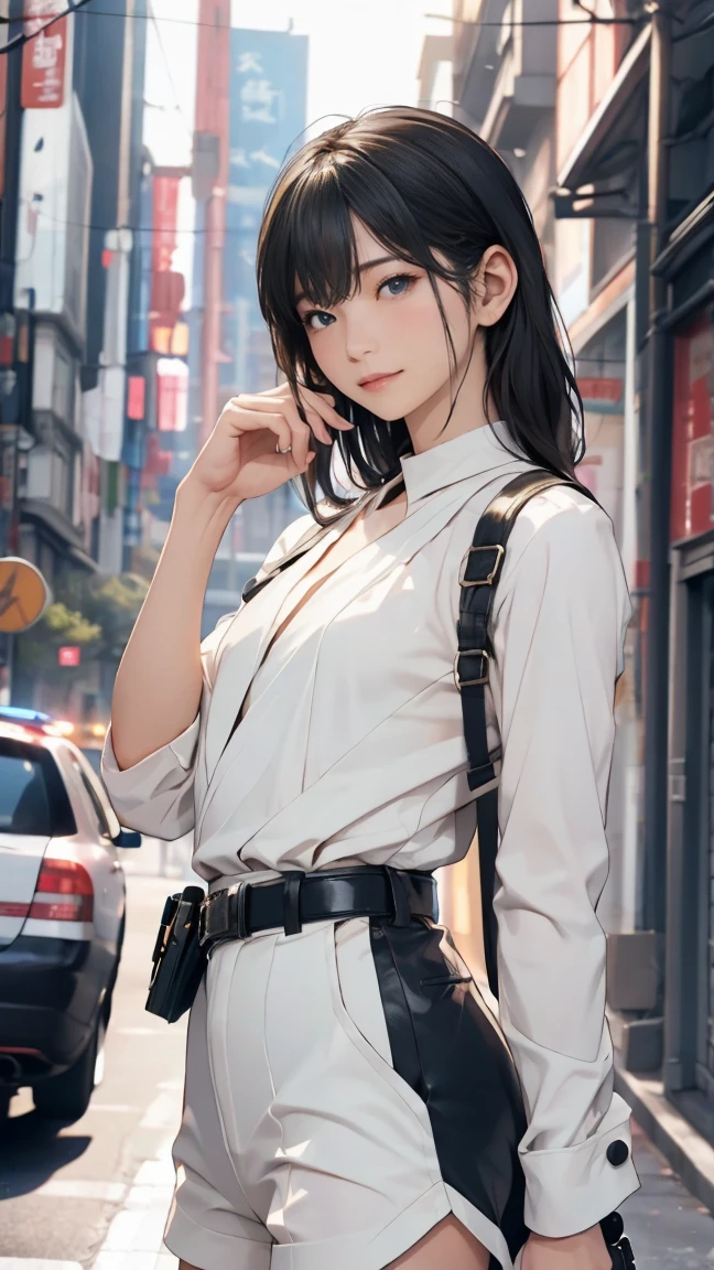 high resolution、High definition、High sensitivity、8k.Japanese、、1、cute、Idol face、Two Side Up Hair、slender、Mid-chest、(black and white high leg bodysuit:1.2)、See-through、Harness Belt、Gun Holder、（POLICE armband:1.3)、Vibrant、（Hold a gun、Firing：1.3）、bustling street、