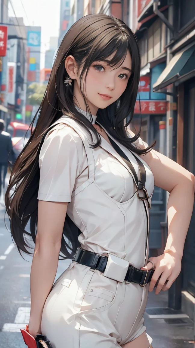 high resolution、High definition、High sensitivity、8k.Japanese、、1、cute、Idol face、Two Side Up Hair、slender、Mid-chest、(black and white high leg bodysuit:1.2)、See-through、Harness Belt、Gun Holder、（POLICE armband:1.3)、Vibrant、（Hold a gun、Firing：1.3）、bustling street、