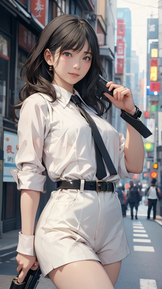 high resolution、High definition、High sensitivity、8k.Japanese、、1、cute、Idol face、Two Side Up Hair、slender、Mid-chest、(black and white high leg bodysuit:1.2)、See-through、Harness Belt、Gun Holder、（POLICE armband:1.3)、Vibrant、（Hold a gun、Firing：1.3）、bustling street、