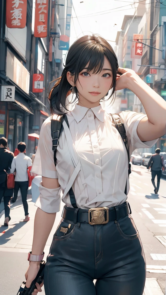 high resolution、High definition、High sensitivity、8k.Japanese、、1、cute、Idol face、Two Side Up Hair、slender、Mid-chest、(black and white high leg bodysuit:1.2)、See-through、Harness Belt、Gun Holder、（POLICE armband:1.3)、Vibrant、（Hold a gun、Firing：1.3）、bustling street、