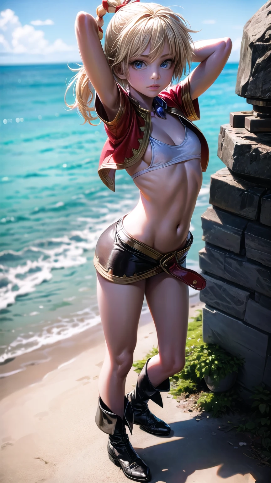 1 girl, kid from chrono cross, yellow hair in a high braided ponytail, (small bust:1.4),standing on white sandy beach, arms behind head, fitted jacket 3/4 cropped, white top under jacket, tight fitting micro skirt, loose leather boots, ankle wraps, detailed face, detailed eyes, detailed lips, highly detailed, 8k, hyperrealistic, cinematic lighting, vivid colors, dramatic shadows, volumetric fog, masterpiece, award winning art, wide angle, (full length portrait), strong_negative, micrsk3rt, bikini underboob, navel, no bra 