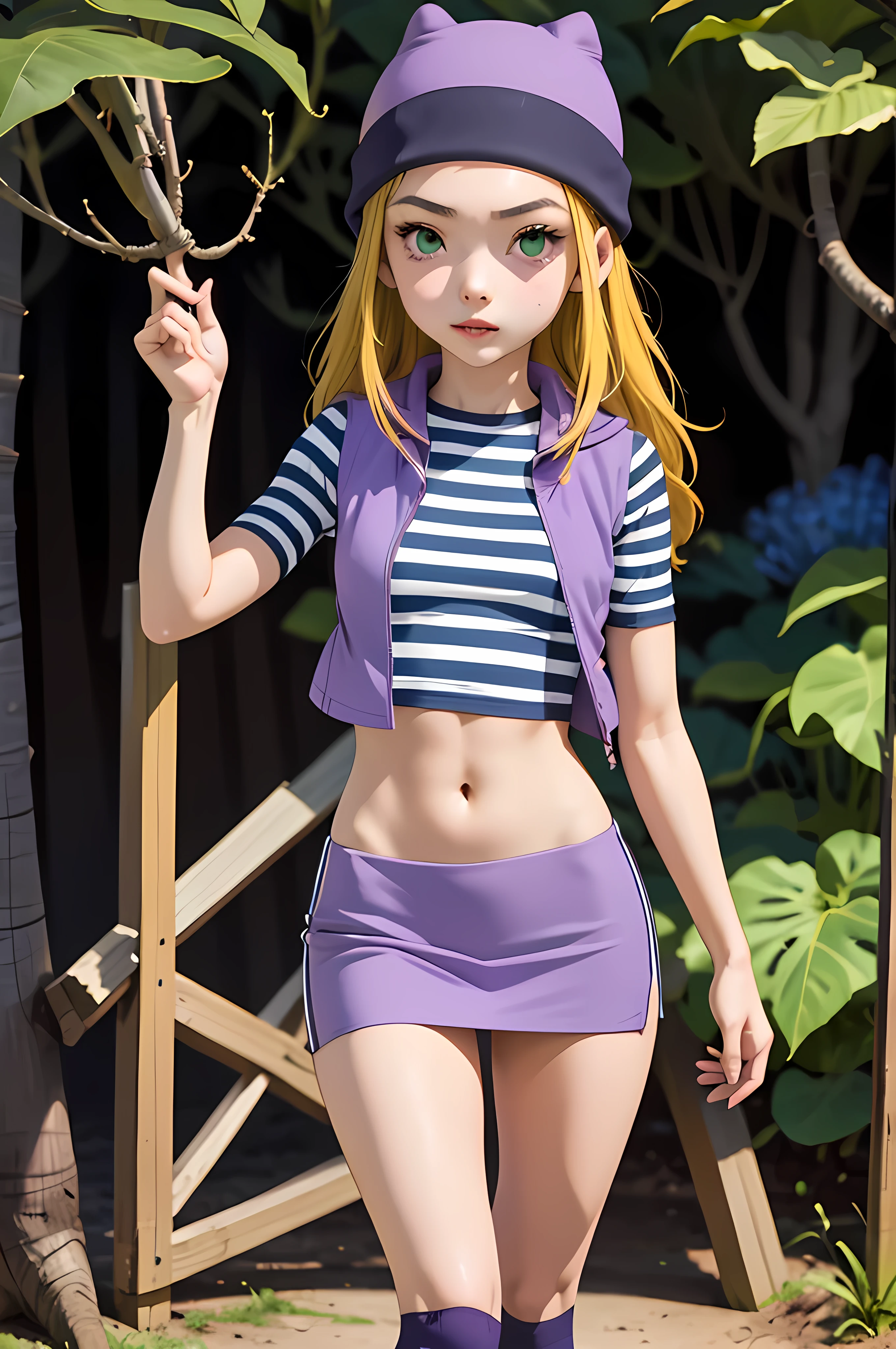 (masterpiece, best quality), 1girl, izumi Orimoto, green eyes, blonde hair, long hair, purple beanie, purple vest, purple miniskirt, blue white striped shirt, long purple socks, sneakers, purple vest, striped shirt, navel shirt