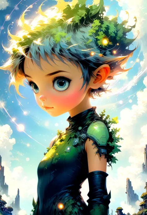 pixie girl facing the viewer, anime, planetes, science fiction, landscape, style, orcaeffectka, methurlant, cartoon