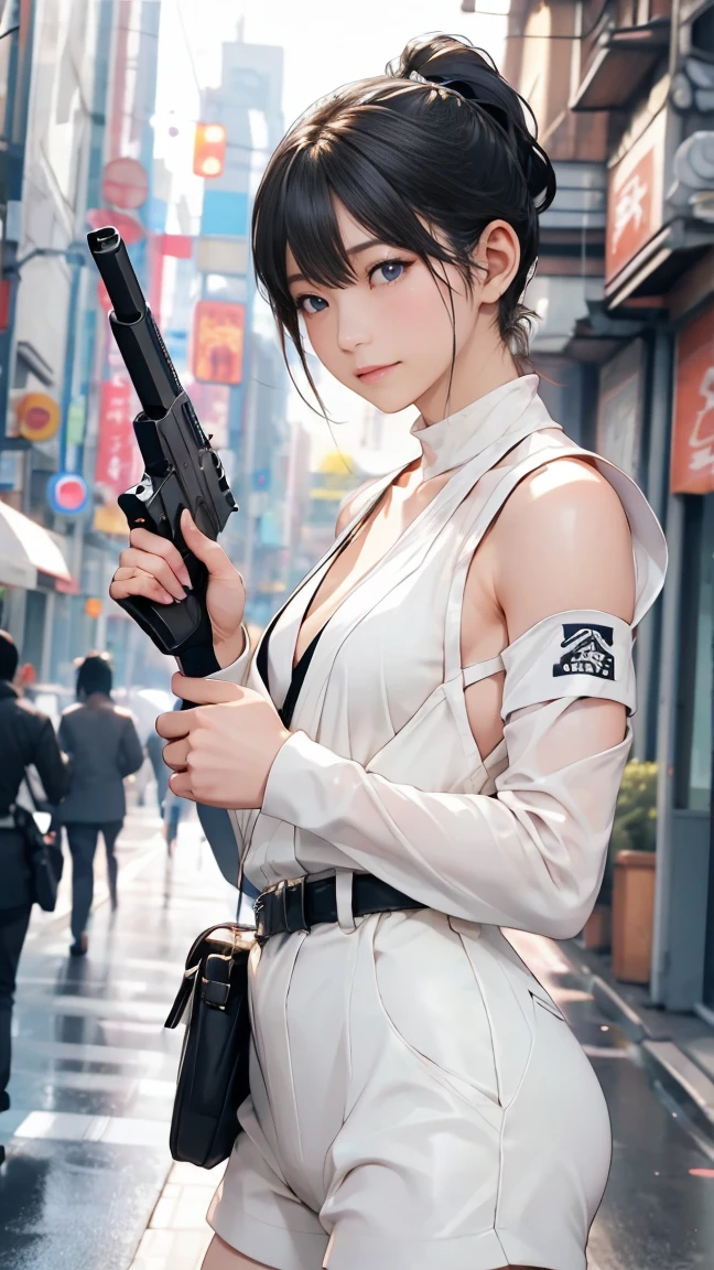 high resolution、High definition、High sensitivity、8k.Japanese、、1、cute、Idol face、Two Side Up Hair、slender、Mid-chest、(black and white high leg bodysuit:1.2)、See-through、Harness Belt、Gun Holder、（POLICE armband:1.3)、Vibrant、（Hold a gun、Firing：1.3）、bustling street、