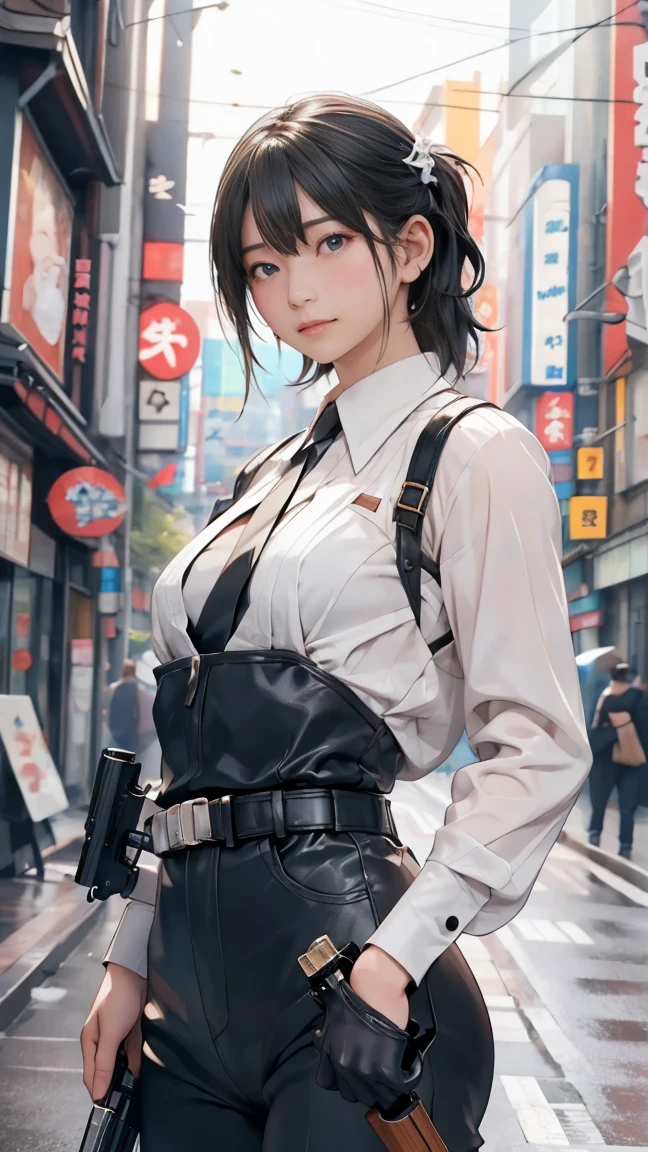 high resolution、High definition、High sensitivity、8k.Japanese、、1、cute、Idol face、Two Side Up Hair、slender、Mid-chest、(black and white high leg bodysuit:1.2)、See-through、Harness Belt、Gun Holder、（POLICE armband:1.3)、Vibrant、（Hold a gun、Firing：1.3）、bustling street、