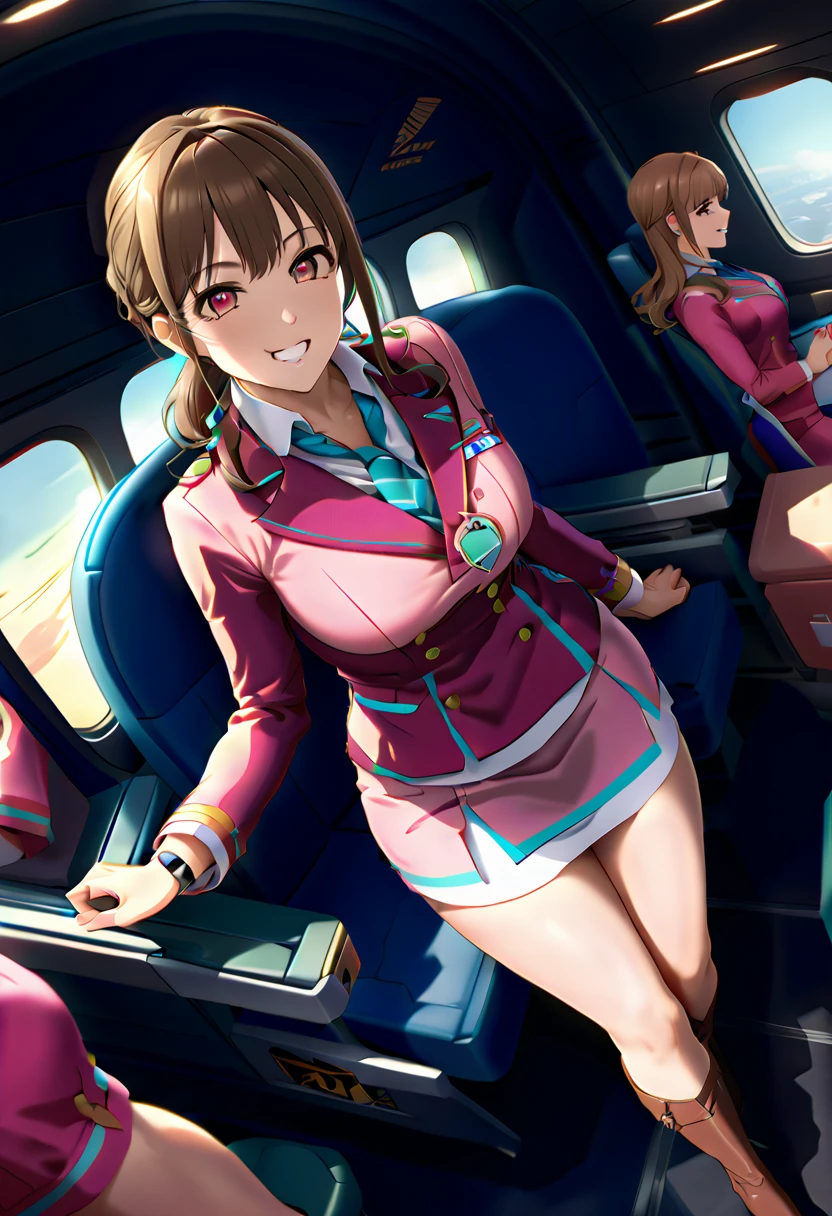 Grin,whole body,(Erection under clothes:1.3), bulge, penis bulge, (Big and thick penis:1.3),Big Breasts,masterpiece,Highest quality,Super detailed,8k,Ultra-fine illustrations,Very exquisite beautiful face and eyes,Perfect Anatomy,Professional Lighting,1 flight attendant,Miniskirt and boots uniform,Orange and pink dress,smile,Airplane interior,Dynamic Angle,Depth of written boundary,Chromatic_aberration,masterpiece,Highest quality,so beautiful,Absurd,up to date,