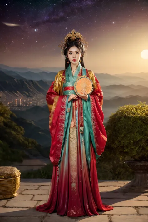 three-dimensional ancient style, vivid chinese aesthetics, elegant ancient chinese fairy, chang'e holding a mooncake, moon rabbi...