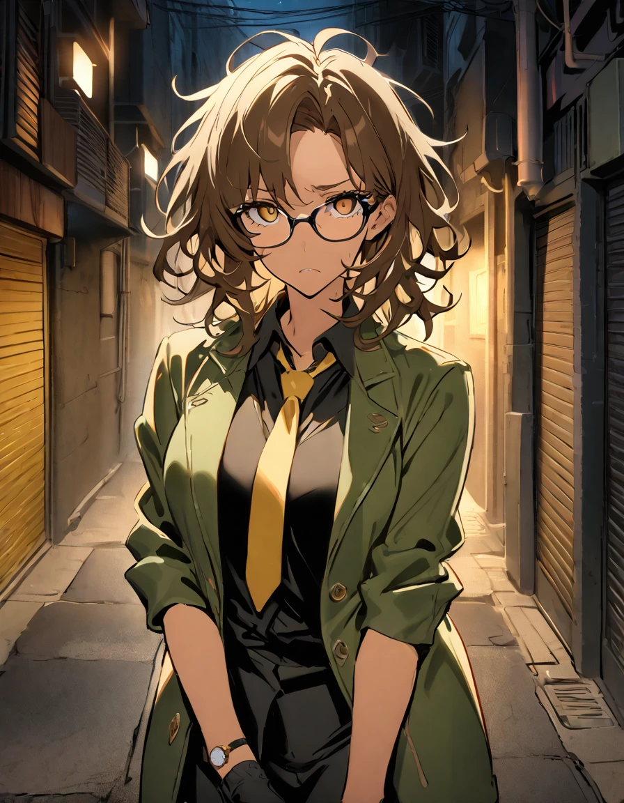 mature, Golden eyes, looking at viewer, female, alley background, messy hair, short brown hair, parted lips, bangs to the side, olive-skinned, tired eyes, dark, night, emotionless, frown, black shirt, golden tie, dark green jacket, glasses, black gloves, wrist watch