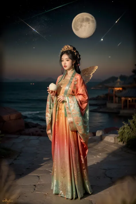 three-dimensional ancient style, vivid chinese aesthetics, elegant ancient chinese fairy, chang'e holding a mooncake, moon rabbi...