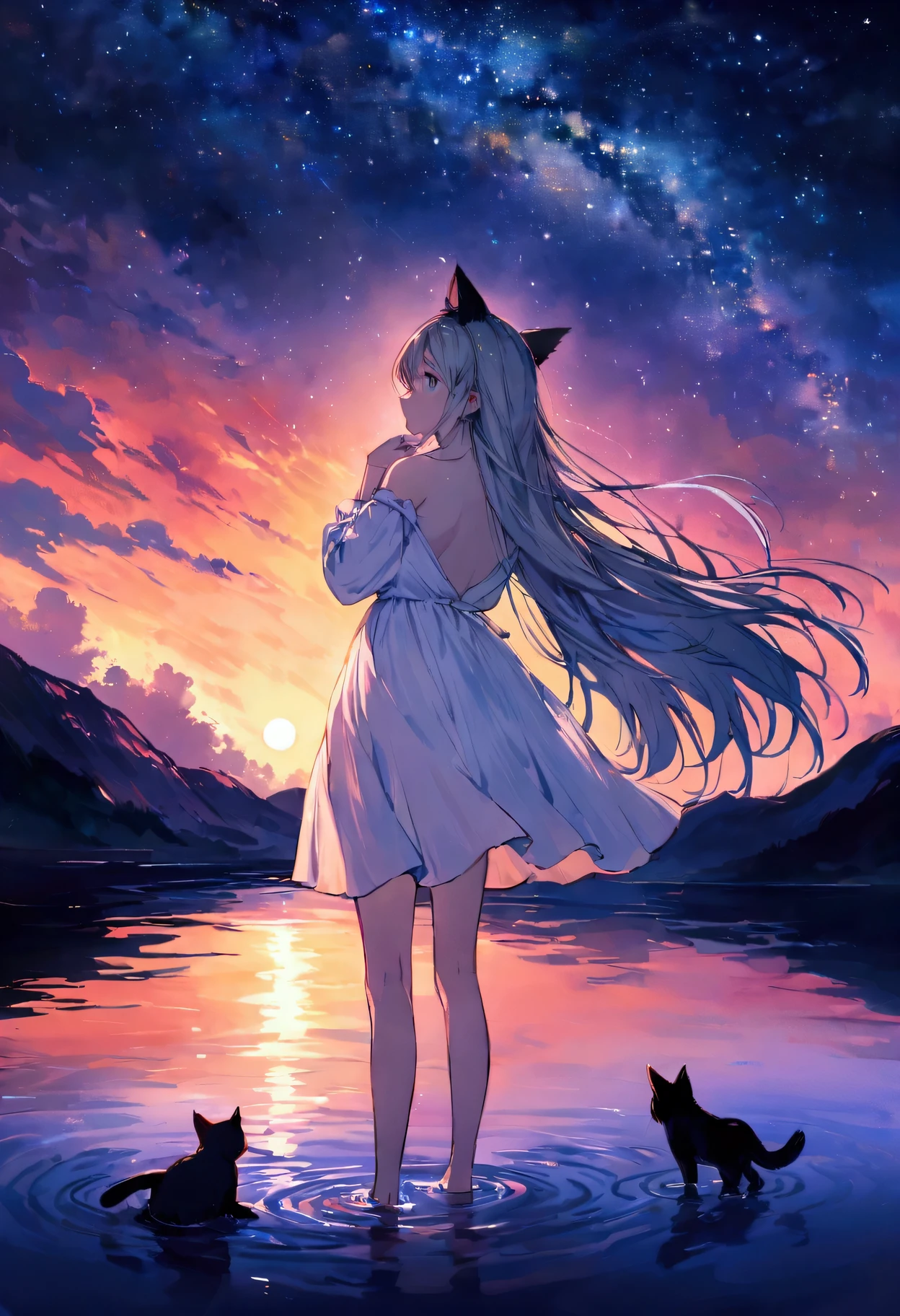 woman, Calm expression, Captivating eyes, Blue Eyes, Wavy long hair, Grey Hair, Black cat ears, Kemomimi, loose fitting dress, Calm posture, Touching your ears with your hands, Porcelain-like skin, A faint blush, クリスタルペンダント BREAK ゴールデンアワー, (Rim Light):1.2, Warm tones, Night Sky, Sunset, Soft Shadows, Vibrant colors, Painterly effect, Very detailed, Official Art, 8k wallpaper
, Standing in the middle of the lake, Looking up at the distant starry sky, Back view, BREAK (Anatomically Modified), healthy thin legs, Look here, (A distant view:1.5)