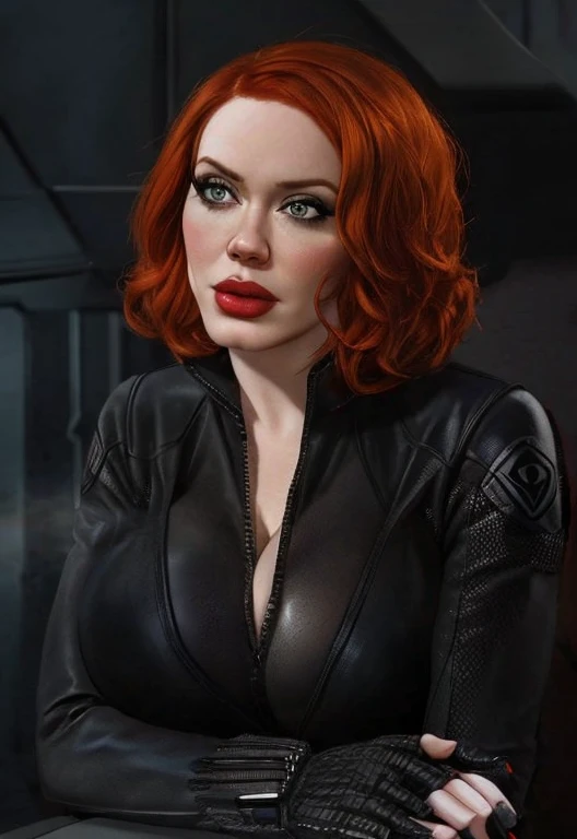 Christina Hendricks as the character Natasha Romanoff/Black Widow from the Marvel Cinematic Universe, about 4, pale skin, short wavy hairstyle, orange hair color, mascara, red lipstick, big breasts. In tight black leather suit, deep cleavage, huge bust, fingerless gloves, Mysterious spy, member of the Avengers, 4k rendering, MCU character, epic Avengers character art
