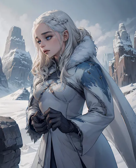 1 beautiful young woman with pale skin, intense blue eyes, and flowing silver hair, emilia clarke as the ice wanderer, wearing w...