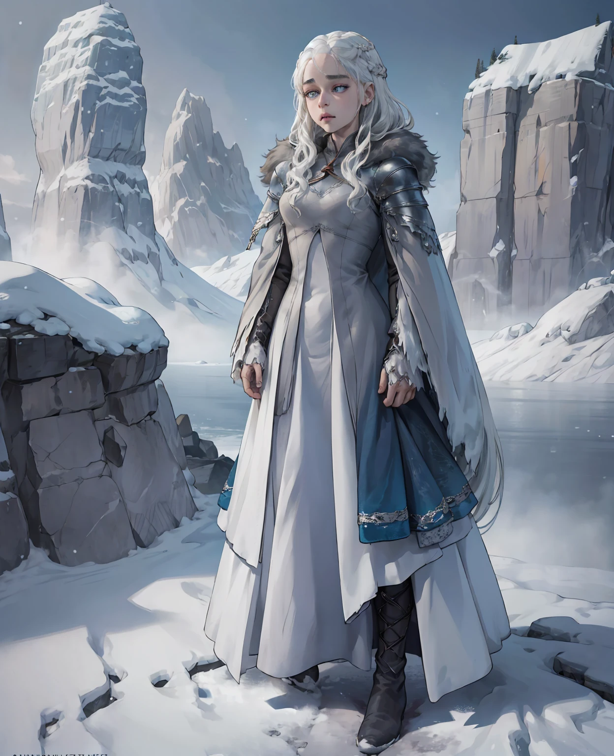 1 beautiful young woman with pale skin, intense blue eyes, and flowing silver hair, Emilia Clarke as the Ice Wanderer, wearing worn and tattered layers of thick wool and leather, a frayed fur coat, weathered boots, and fingerless gloves, braving a frozen wasteland with fierce determination, detailed facial features, intricate costume textures, atmospheric lighting, dramatic snowy landscape, dynamic pose, cinematic composition, muted color palette, photorealistic, 8k, highly detailed