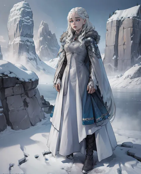 1 beautiful young woman with pale skin, intense blue eyes, and flowing silver hair, emilia clarke as the ice wanderer, wearing w...