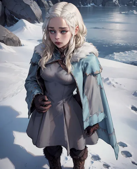 **emilia clarke as the ice wanderer:** in worn, tattered layers of wool and leather, frayed fur coat, weathered boots, and finge...