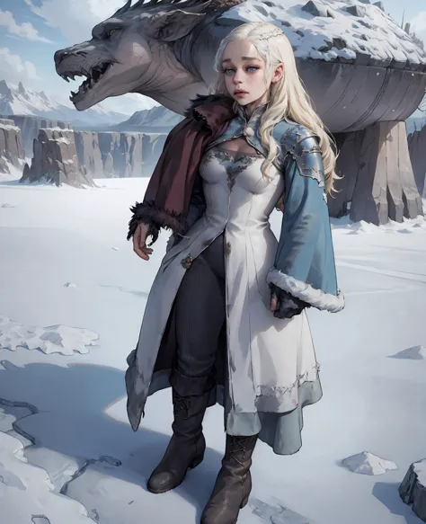 **emilia clarke as the ice wanderer:** in worn, tattered layers of wool and leather, frayed fur coat, weathered boots, and finge...