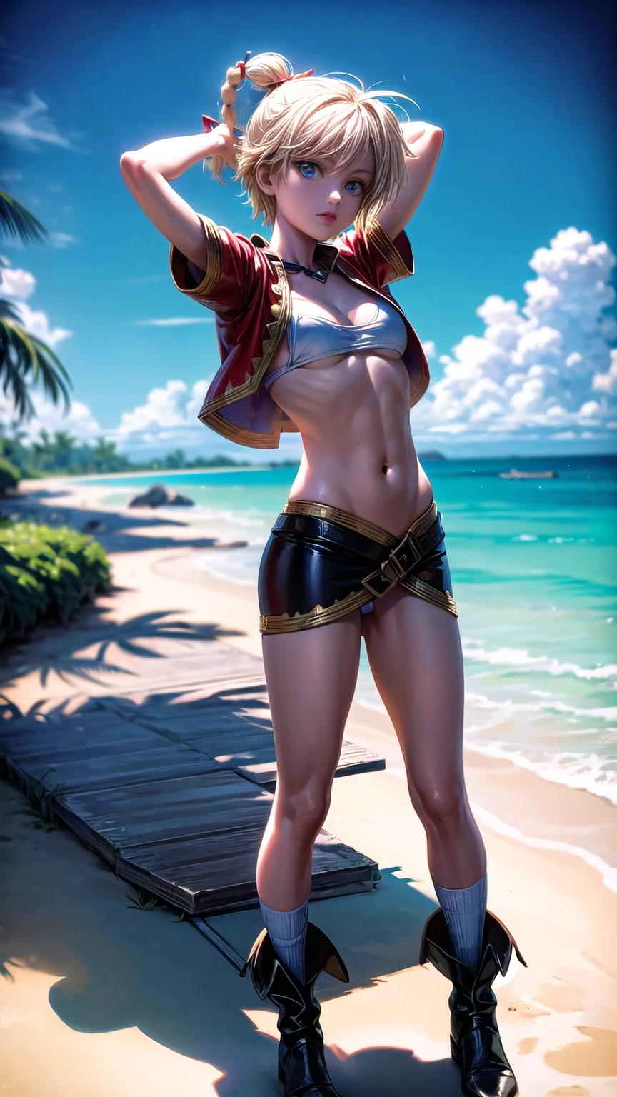 1 adult woman, character "kid" from chrono cross, 20 years old, yellow hair in a high braided ponytail, (small bust:1.4),standing on white sandy beach, arms behind head, fitted jacket 3/4 cropped, white top under jacket, tight fitting micro skirt, loose leather boots, ankle wraps, detailed face, detailed eyes, detailed lips, highly detailed, 8k, ultra-detailed 90s era anime style, cinematic lighting, vivid colors, dramatic shadows, volumetric fog, masterpiece, award winning art, wide angle, (full length portrait), strong_negative, micrsk3rt, bikini underboob, navel, no bra 