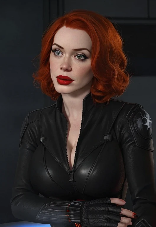 Christina Hendricks as the character Natasha Romanoff/Black Widow from the Marvel Cinematic Universe, about 4, pale skin, short wavy hairstyle, orange hair color, mascara, red lipstick, big breasts. In tight black leather suit, cleavage, huge bust, fingerless gloves, Mysterious spy, member of the Avengers, 4k rendering, MCU character, epic Avengers character art
